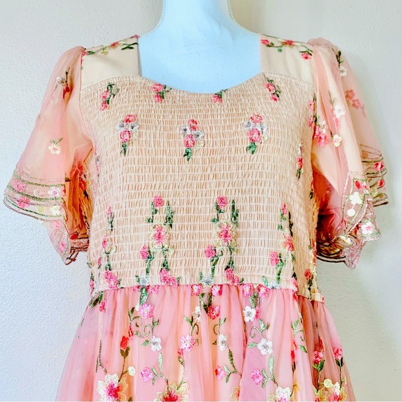 Noliabae Peach Pink & Yellow Embroidered Floral Smocked Tulle Dress. - Picture 6 of 13